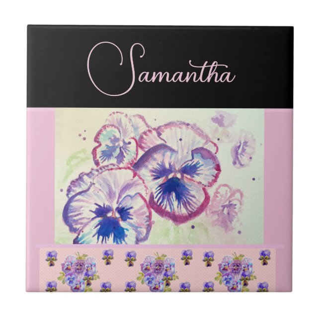 Rosa Pansy Pansies Watercolor Flower Blommigt art Kakelplatta (Framsidan)