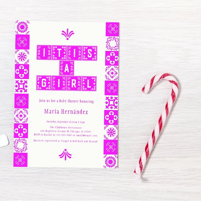 Rosa Papel Picado Fiesta Det är en flicka-babyskor Inbjudningar (Skapare uppladdad)