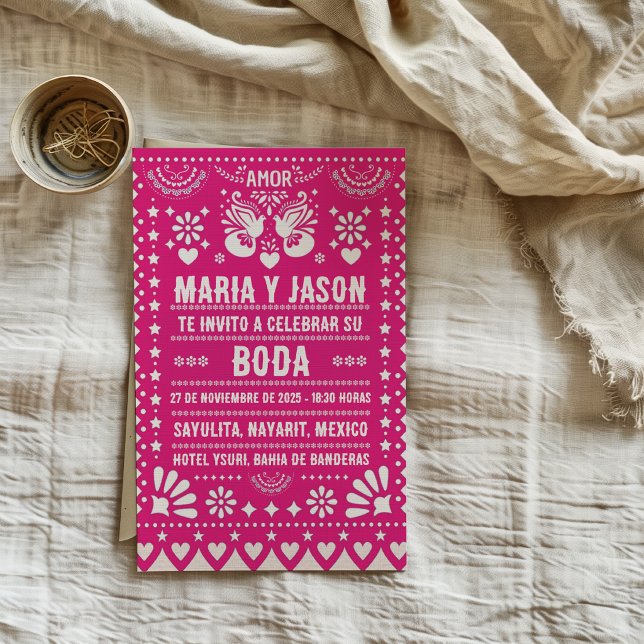 Rosa Papel Picado Fiesta Folk Art Spansk Bröllop Inbjudningar (Pink Papel Picado Fiesta Folk Art Spanish Wedding Invitation)