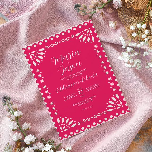 Rosa Papel Picado Traditionell Boda Spansk Bröllop Inbjudningar (Pink Papel Picado Traditional Boda Spanish Wedding Invitation)