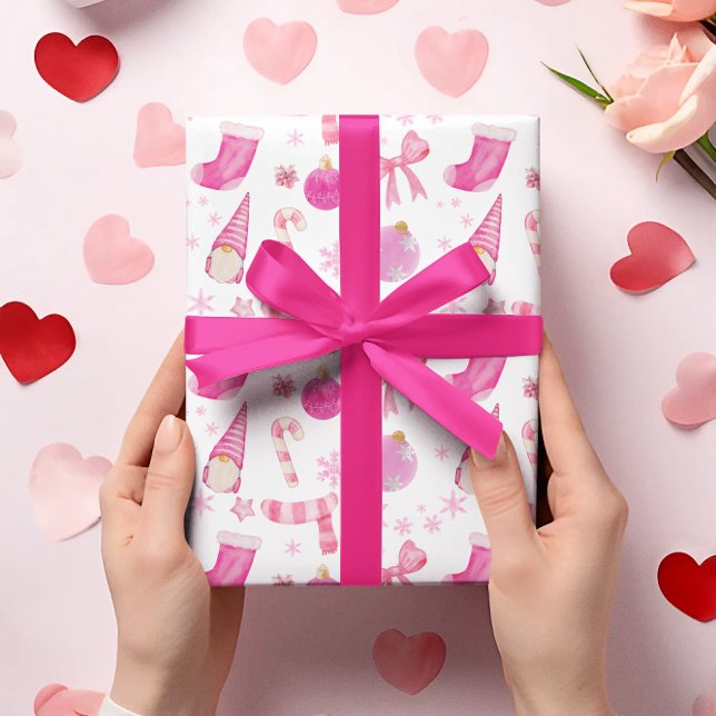 Rosa Papper jultomte och snöflingor Presentpapper (Skapare uppladdad)