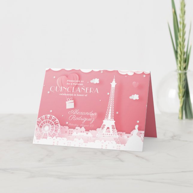 Rosa Papper Paris Quinceañera Inbjudan (Framsida)