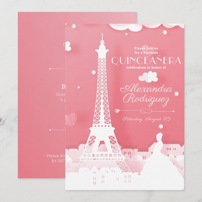 Rosa Papper Paris Quinceañera Inbjudningar (Fram/baksida)