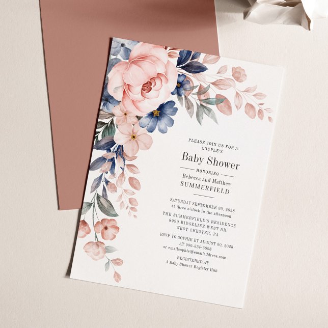 Rosa Par Baby Shower Blommigt Blue Modern Inbjudningar (Modern Pink Floral and Blues Baby Shower Invitation)