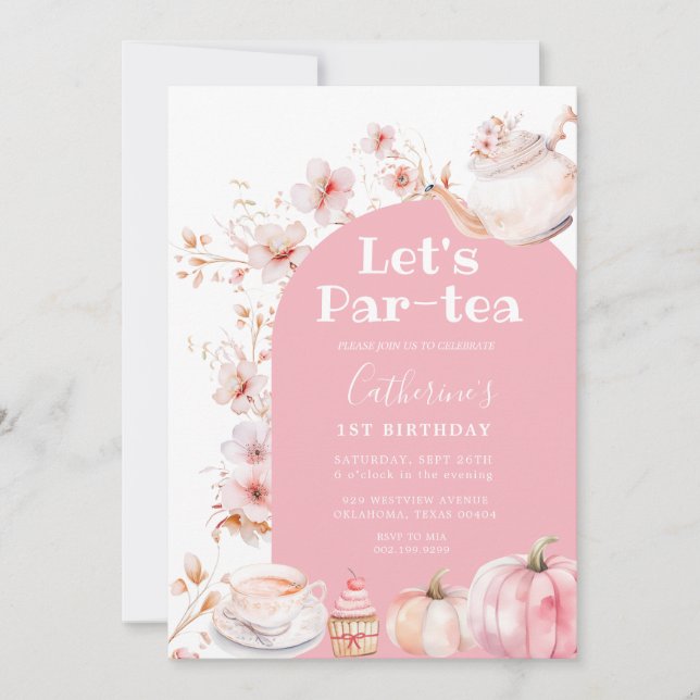 Rosa Par-tea Birthday Tea Party Girl Pumpkin Inbjudningar (Framsida)