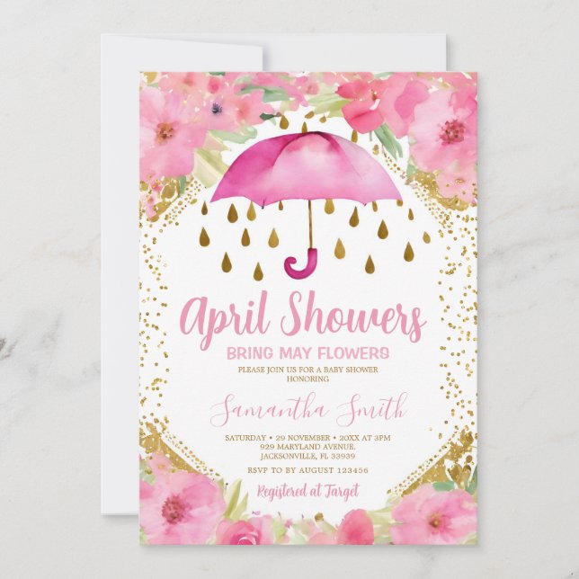 Rosa paraply April regn bringar maj blommor Inbjudningar (Framsida)