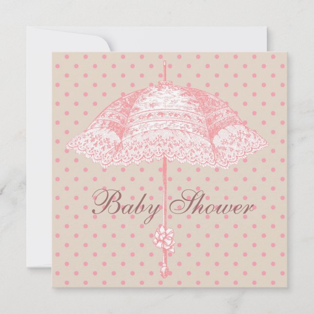 Rosa parasoll paraply Baby flicka Shower Inbjudningar (Framsida)