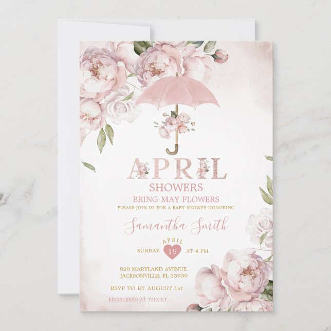 Rosa Parbrella April Showers Hämta maj Flowers Inbjudningar (Framsida)