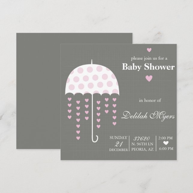 Rosa Parbrella Baby Shower Inbjudan (Fram/baksida)