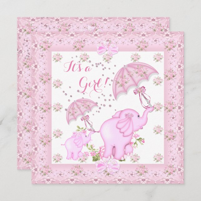 Rosa Parbrella Elephant Calf Baby Shower Girl 2 Inbjudningar (Fram/baksida)