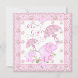 Rosa Parbrella Elephant Calf Baby Shower Girl 2 Inbjudningar