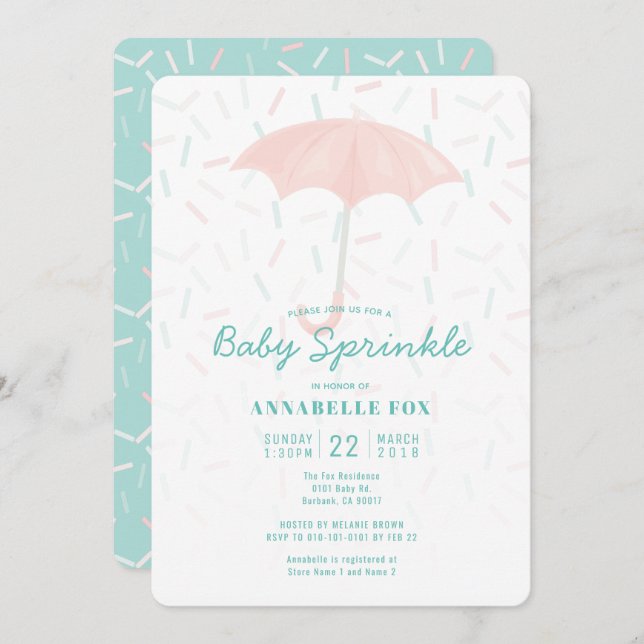 Rosa Parbrella Mint Baby Sprinkle Shower-inbjudan Inbjudningar (Fram/baksida)