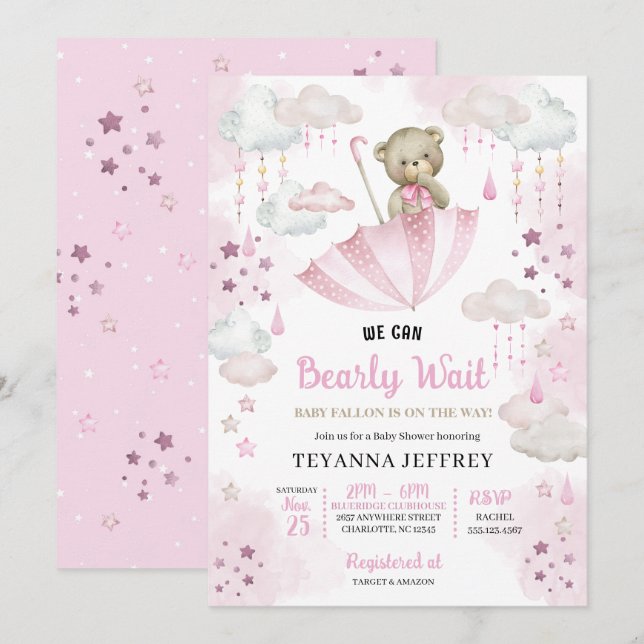 Rosa Parbrella Nalle Baby Sprinkle Baby Shower Inbjudningar (Fram/baksida)