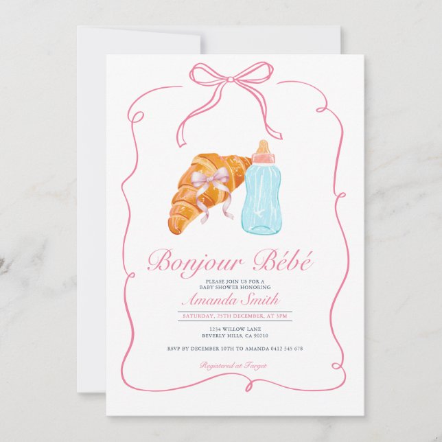 Rosa Paris Båg Fransk Croissant Kaffe Baby Shower Inbjudningar (Framsida)