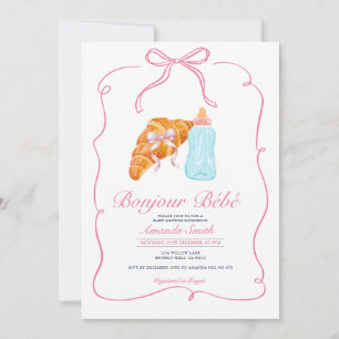 Rosa Paris Båg Fransk Croissant Kaffe Baby Shower Inbjudningar