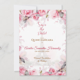 Rosa Paris Blommiga Rosor Quinceañera Spara Datum Inbjudningar