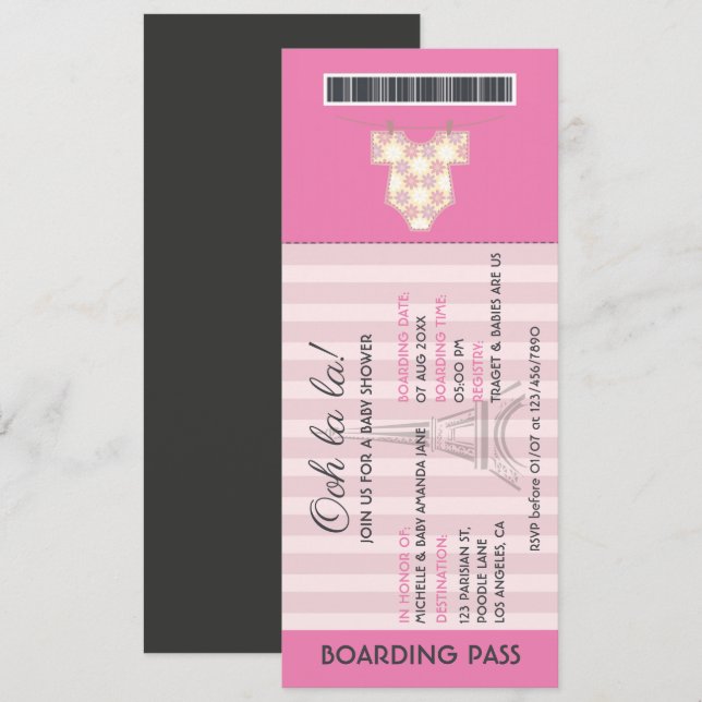Rosa Paris Boarding Pass Baby Shower-inbjudan Inbjudningar (Fram/baksida)