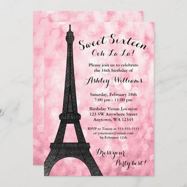 Rosa Paris Bokeh Glitter Ljus Sweet 16 Inbjudningar (Fram/baksida)