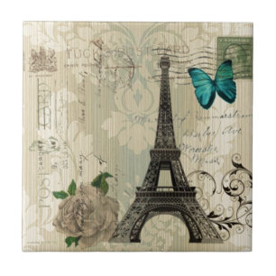 rosa Paris Eiffel för beige damastast fjäril tor Kakelplatta