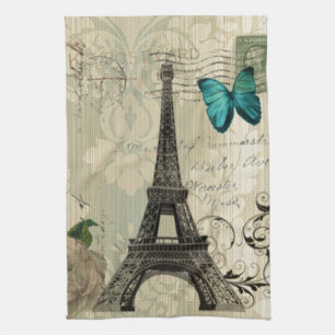 rosa Paris Eiffel för beige damastast fjäril tor Kökshandduk