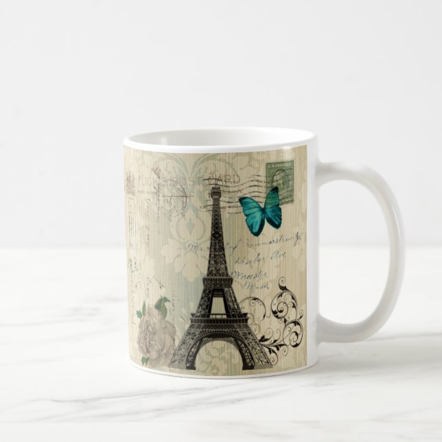 rosa Paris Eiffel för beige damastast fjäril torn Kaffemugg (Höger)