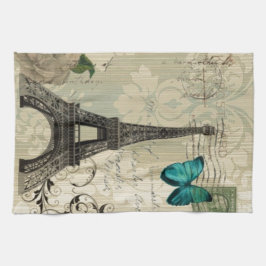 rosa Paris Eiffel för beige damastast fjäril torn Kökshandduk