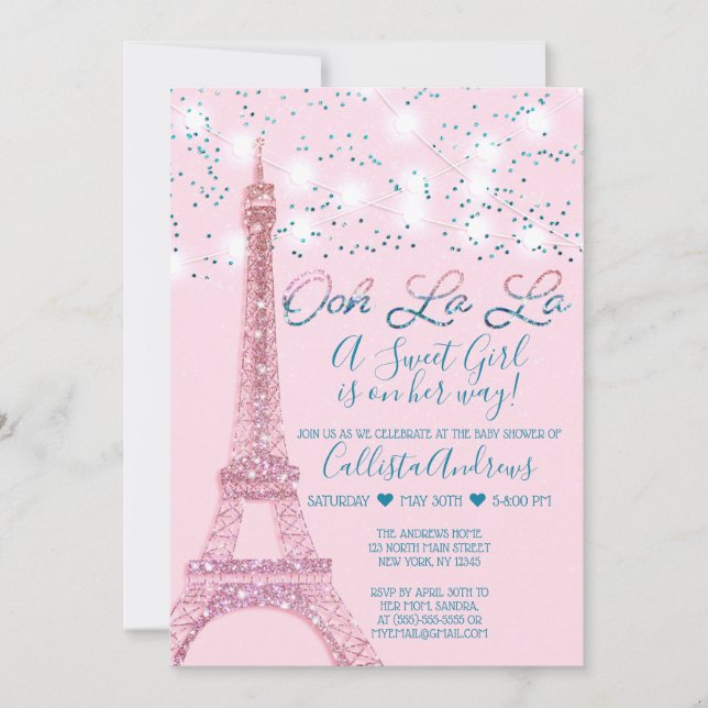 Rosa Paris Eiffel Torn Glitter Ljus Baby Shower Sh Inbjudningar (Framsida)