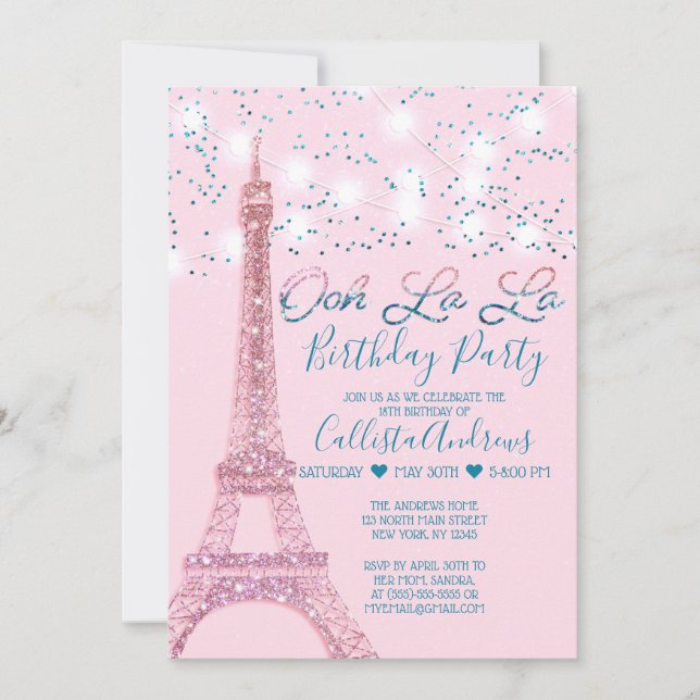 Rosa Paris Eiffel Torn Glitter Ljus Inbjudningar (Framsida)