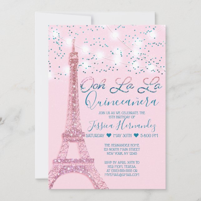 Rosa Paris Eiffel Torn Glitter Ljus Quinceañera Inbjudningar (Framsida)