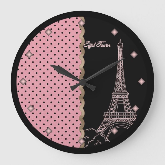 Rosa Paris Eiffel Torn Round Wall Clock Stor Klocka (Framsida)