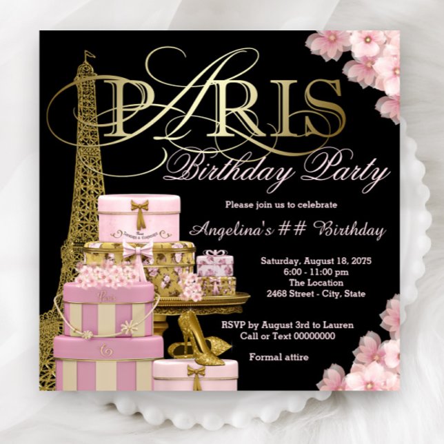 Rosa Paris födelsedagsinbjudningar Inbjudningar (Beautiful Paris any number birthday party and event invitations. Simply add your event details.)