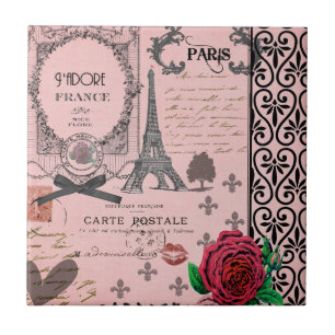 Rosa Paris för vintage Collage Kakelplatta
