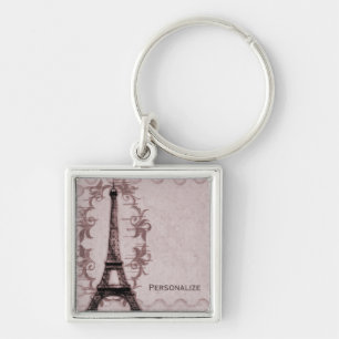 Rosa Paris Grunge Keychain Fyrkantig Silverfärgad Nyckelring