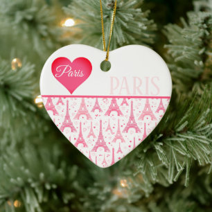 Rosa Paris Heart Eiffel Torn Mönster Chic Julgransprydnad Keramik