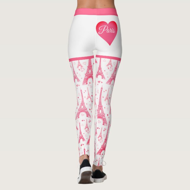 Rosa Paris Heart Eiffel Torn Mönster Chic Leggings (Baksida)