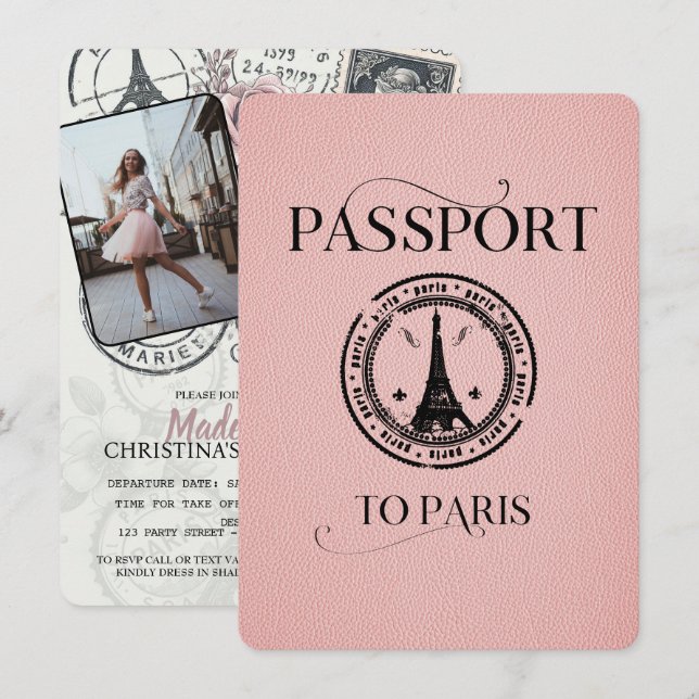 Rosa Paris Passport Party Inbjudan (Fram/baksida)