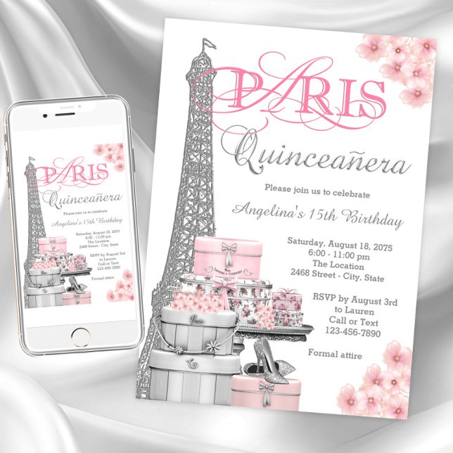 Rosa Paris Quinceanera Inbjudningar (Paris Quinceanera invitations. Instant download and printed invitations available.)