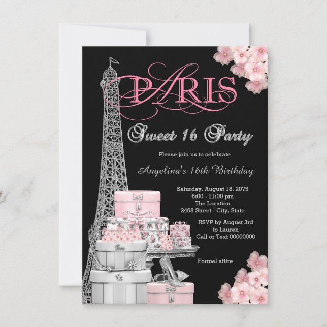 Rosa Paris Sweet 16-fest Inbjudningar (Framsida)