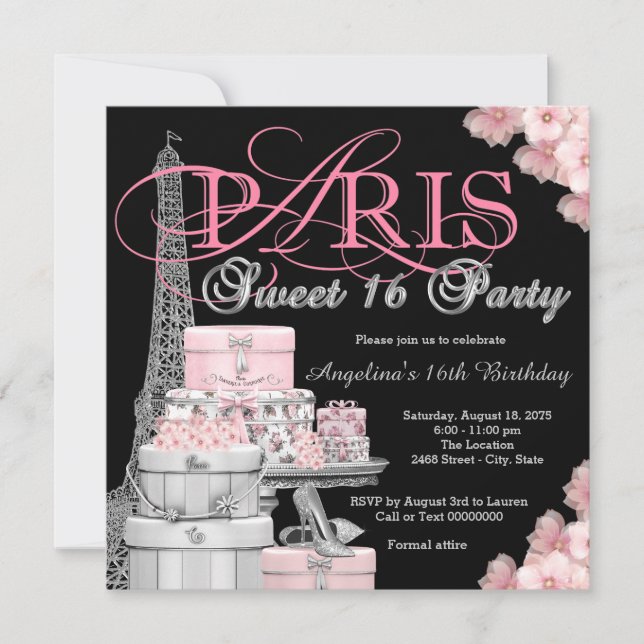Rosa Paris Sweet 16-fest Inbjudningar (Framsida)