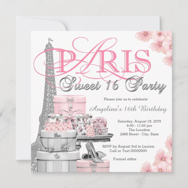 Rosa Paris Sweet 16-fest Inbjudningar (Framsida)