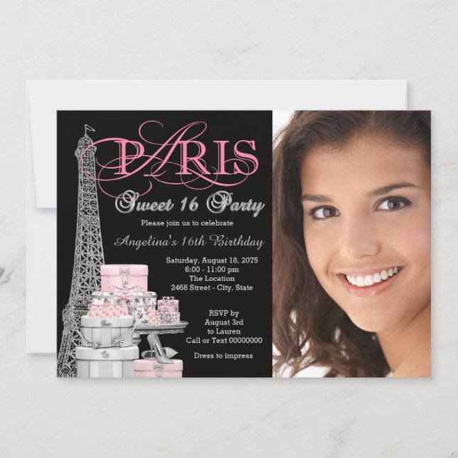 Rosa Paris Sweet 16 Födelsedagsfest Inbjudningar (Framsida)