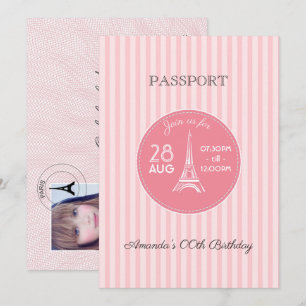 Rosa Paris tema födelsedagsfest pass utfyllnad fot Inbjudningar