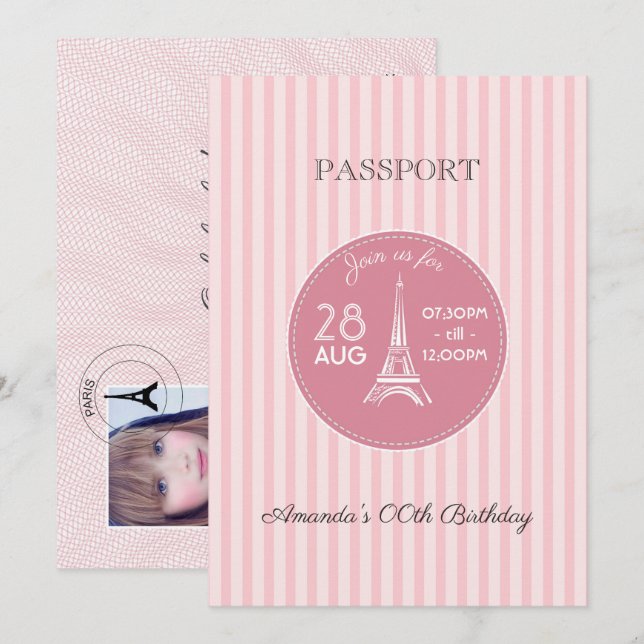 Rosa Paris tema födelsedagsfest pass utfyllnad fot Inbjudningar (Fram/baksida)