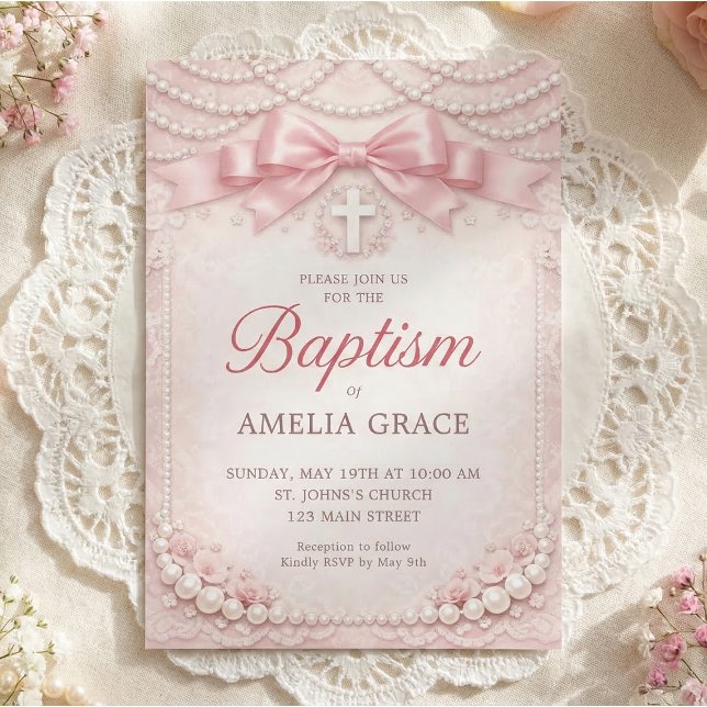 Rosa Pärl Dop Inbjudan Design Satinband (Elegant pink pearl baptism invitation with satin bow and cross details)