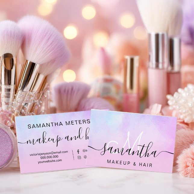 Rosa Pärl Ombre Holografisk Skönhet Makeup Skript Visitkort (Pink Pearl Ombre Holographic Beauty Makeup Script Business Card)