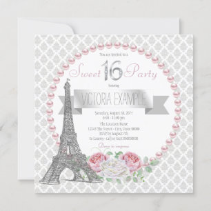 Rosa pärl Paris Sweet 16-fest Inbjudningar