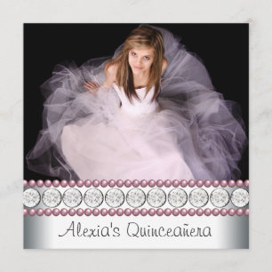 Rosa Pärl Vit Rosa Foto Quinceanera Inbjudningar
