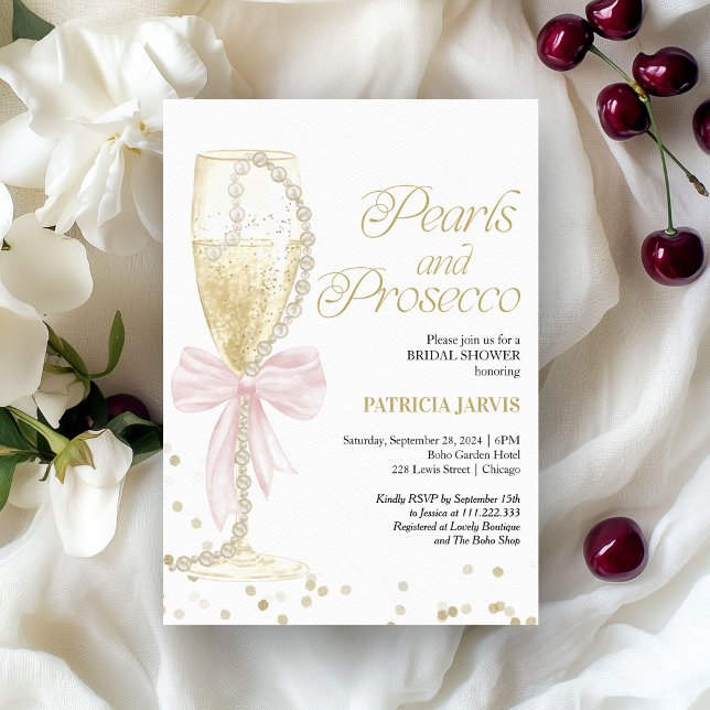 Rosa pärlhalsband och Prosecco bröllopsdusch Inbjudningar (Skapare uppladdad)