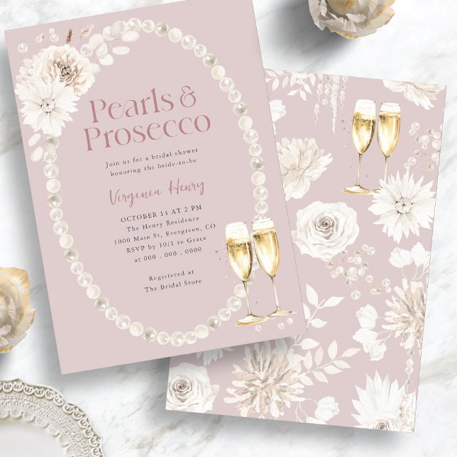 Rosa pärlor och Prosecco Bröllop Inbjudningar (Pink Pearls and Prosecco Bridal Invitation
)