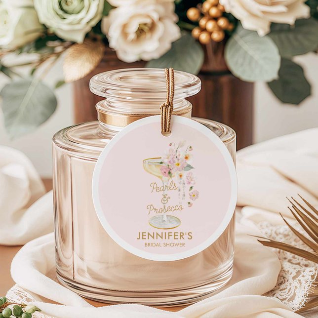 Rosa pärlor och Prosecco Rosa Bröllopsfest Gåvor Etiketter (Pink Pearl and Prosecco Bridal Shower Favor Tag)
